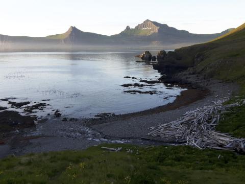 Hornbjarg séð frá Rekavík bak Höfn, til vinstri er Tröllakambur. Myndin er tekin undir miðnætti 2 júlí. 