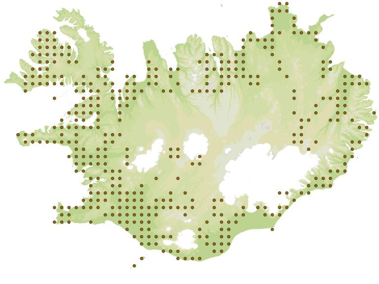 Grasvefari (Eana osseana) - fundarstaðir samkvæmt eintökum í safni Náttúrufræðistofnunar Íslands