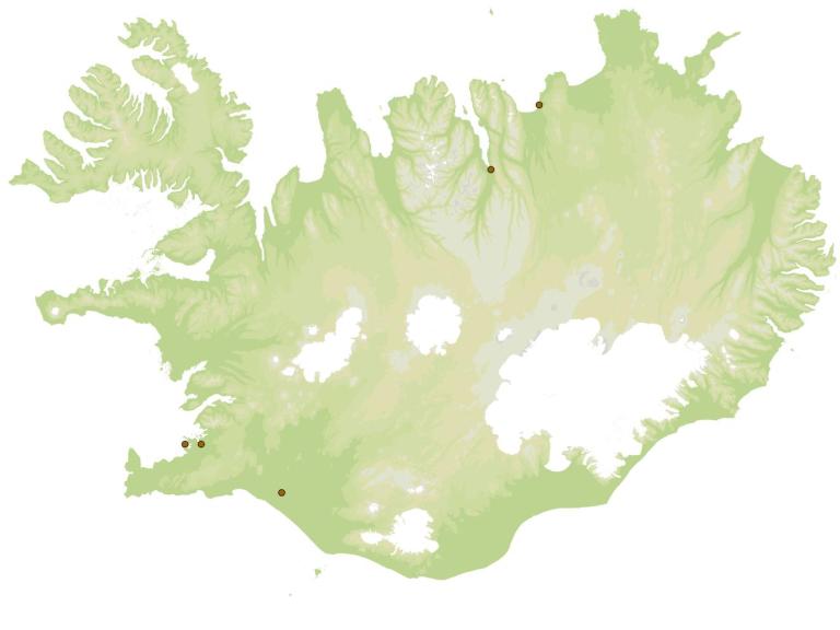 Rauðbukkur (Pyrrhidium sanguineum) - fundarstaðir samkvæmt eintökum í safni Náttúrufræðistofnunar Íslands