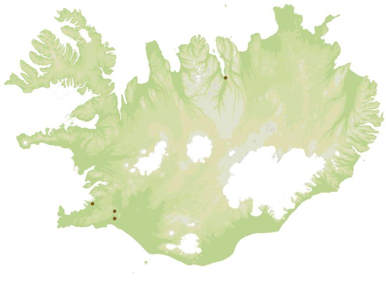 Ryðhumla (Bombus pascuorum) - fundarstaðir samkvæmt eintökum í safni Náttúrufræðistofnunar Íslands