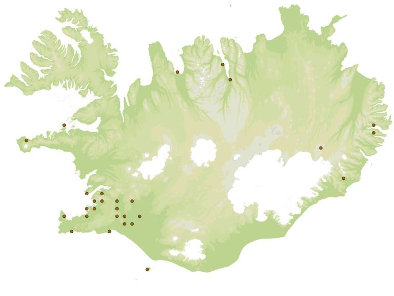 Beltasveðja (Urocerus gigas) - fundarstaðir samkvæmt eintökum í safni Náttúrufræðistofnunar Íslands