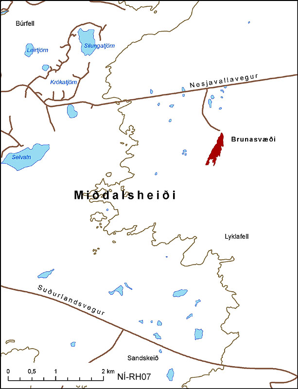 Kort af brunasvæðinu á Miðdalsheiði