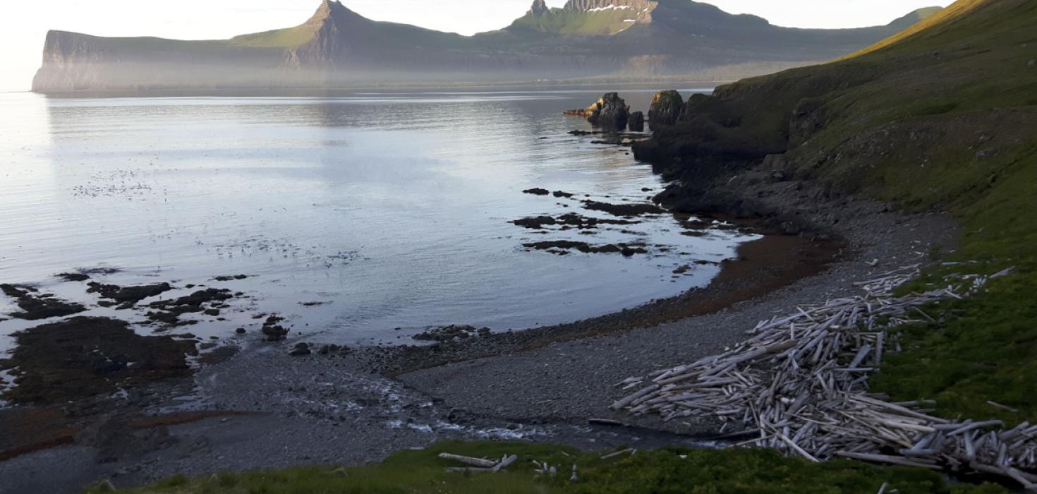 Hornbjarg séð frá Rekavík bak Höfn, til vinstri er Tröllakambur. Myndin er tekin undir miðnætti 2 júlí. 