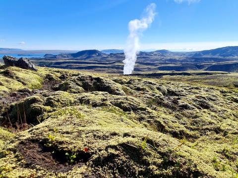 Mosaþemba í forgrunni og gufubólstrar frá Nesjavallavirkjun í baksýn