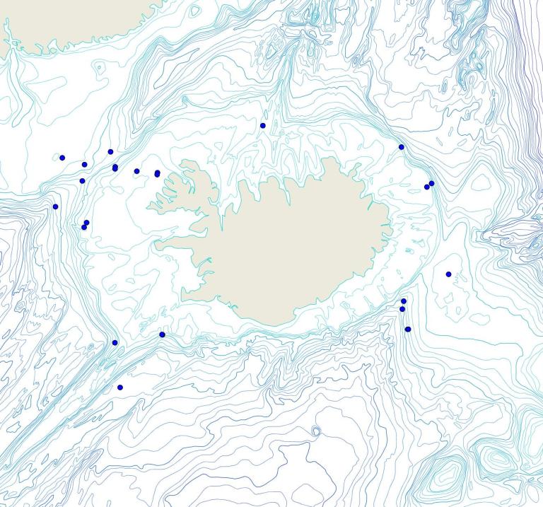 Útbreiðsla /distribution <em>Tethya citrina</em>. (Bioice samples red dots; MFRI samples blue dots)
