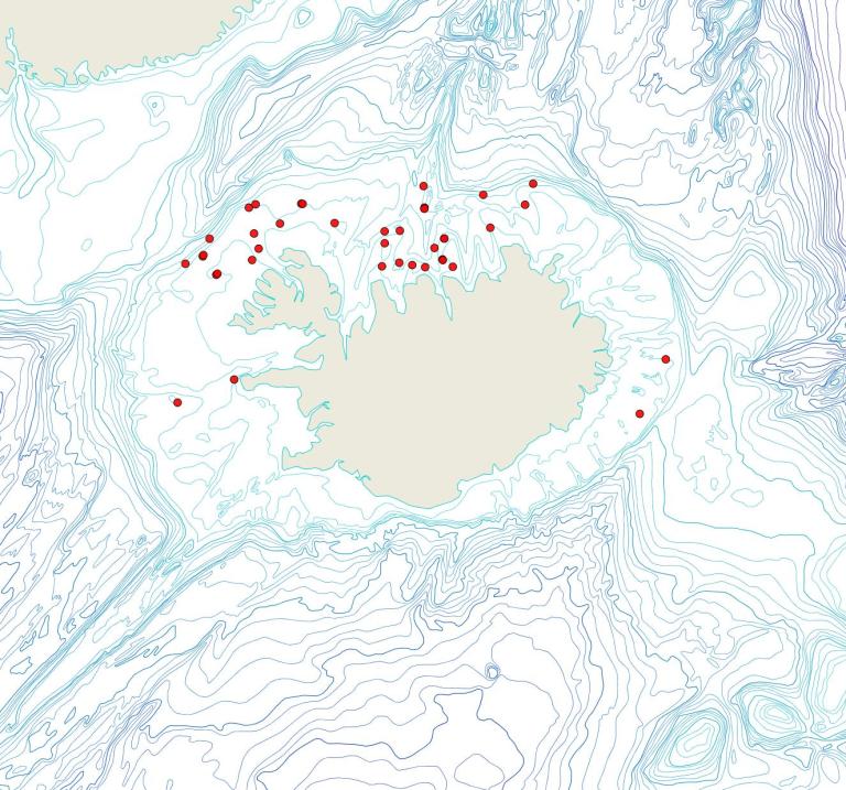 Útbreiðsla Turbicellepora canaliculata(Bioice samples, red dots)
