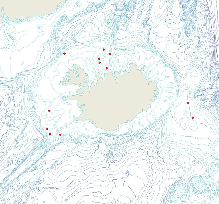 Útbreiðsla Crisia klugei(Bioice samples, red dots)