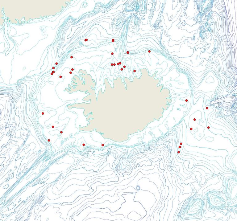 Útbreiðsla Diplosolen obelium(Bioice samples, red dots)