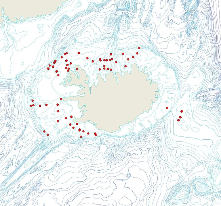 Útbreiðsla Caberea ellisii(Bioice samples, red dots)