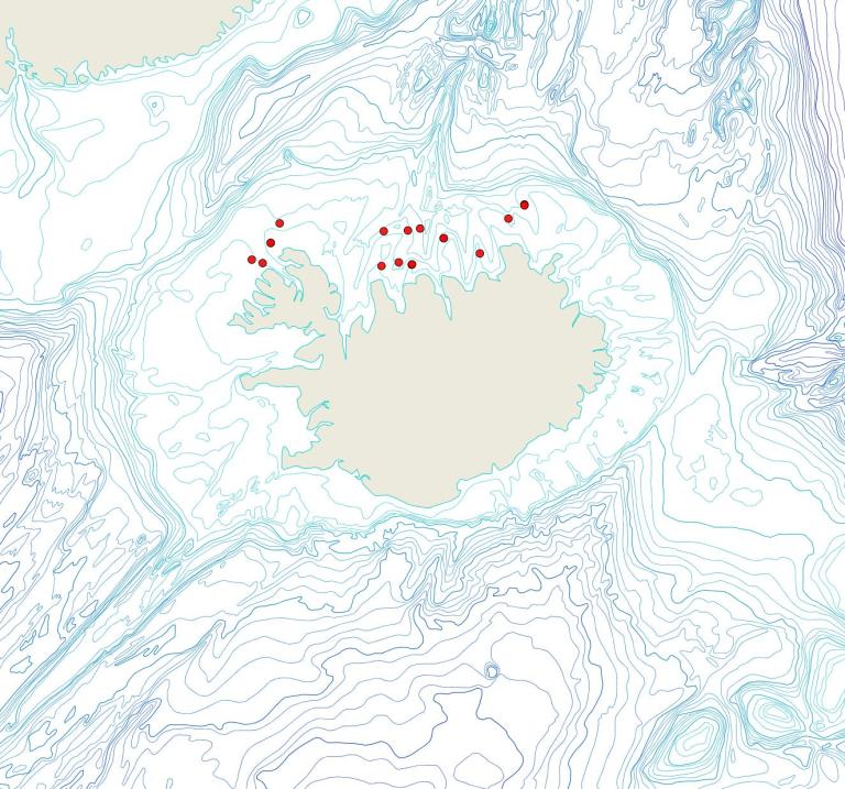 Útbreiðsla Phidolopora elongata(Bioice samples, red dots)