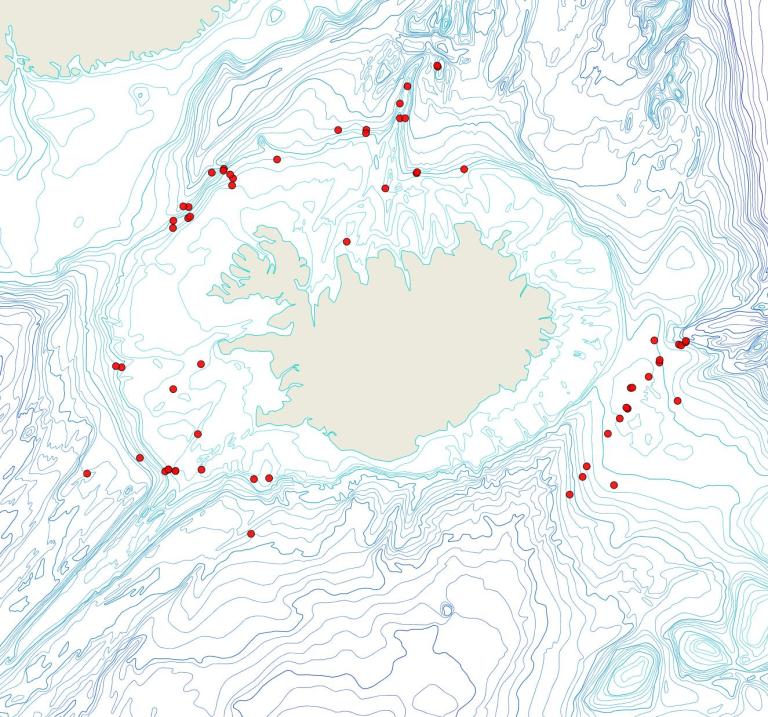 Útbreiðsla Reteporella watersi(Bioice samples, red dots)