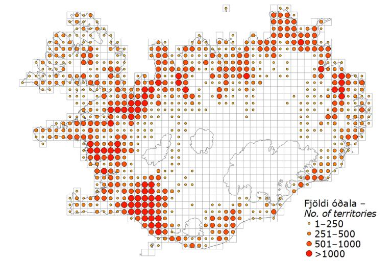 Hrossagaukur: útbreiðsla og reiknaður fjöldi óðala