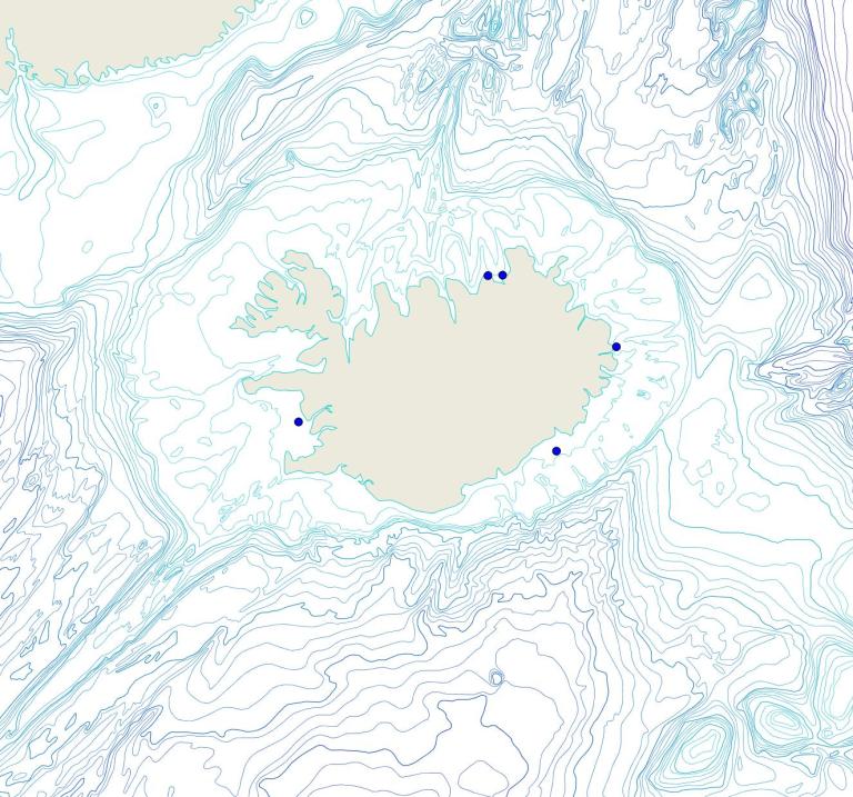 Útbreiðsla /distribution <em>Haliclona (Haliclona) urceolus</em>. (Bioice samples red dots; MFRI samples blue dots)