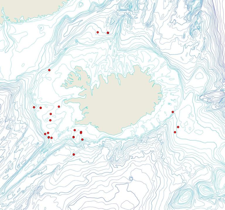 Útbreiðsla Porella laevis(Bioice samples, red dots)