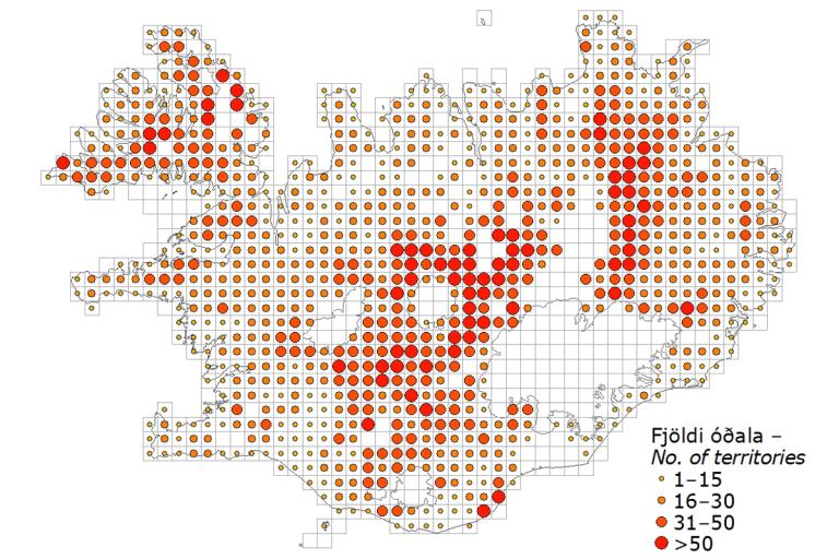 Sandlóa: útbreiðsla og reiknaður fjöldi óðala