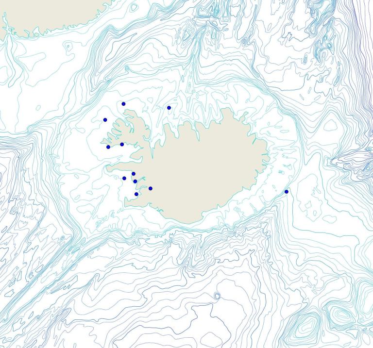 Útbreiðsla /distribution <em>Halichondria (Halichondria) panicea</em>. (Bioice samples red dots; MFRI samples blue dots)