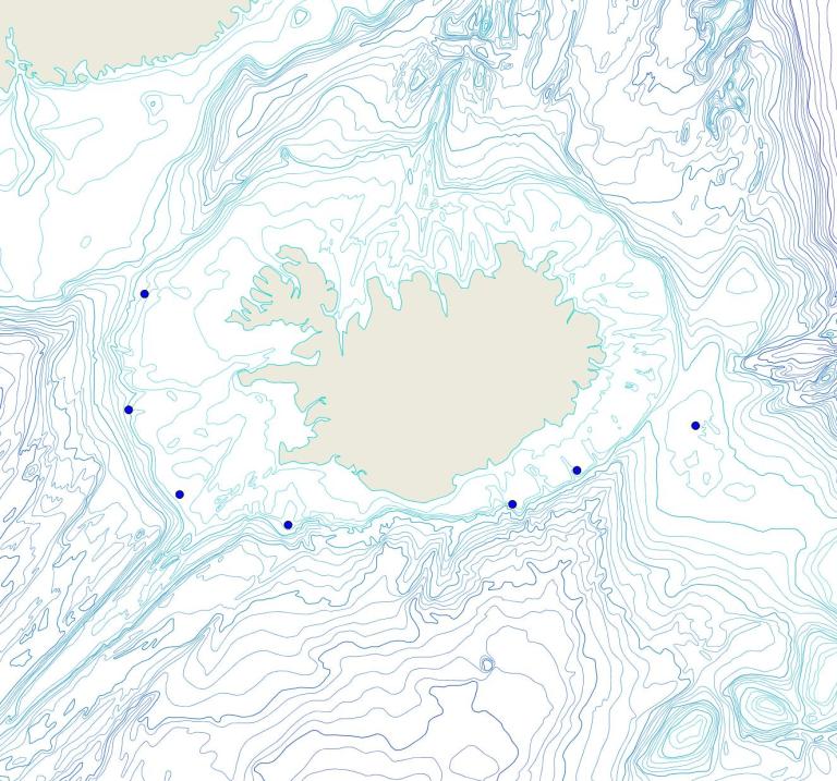 Útbreiðsla /distribution <em>Hymedesmia (Hymedesmia) perforata</em>. (Bioice samples red dots; MFRI samples blue dots)
