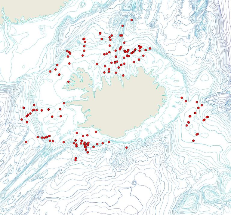 Útbreiðsla Sarsiflustra abyssicola(Bioice samples, red dots)