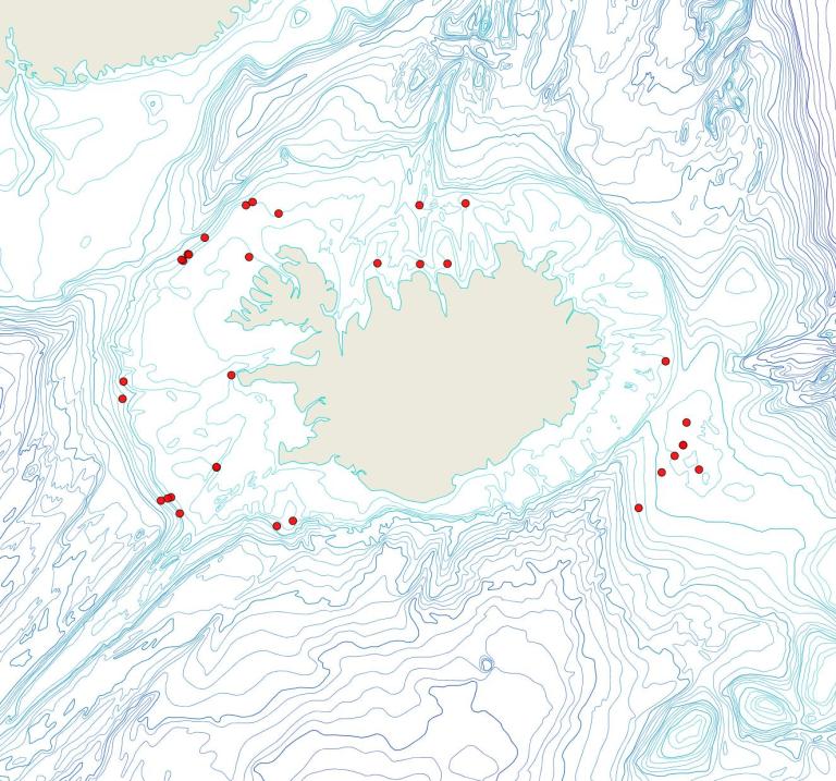 Útbreiðsla Escharella abyssicola(Bioice samples, red dots)