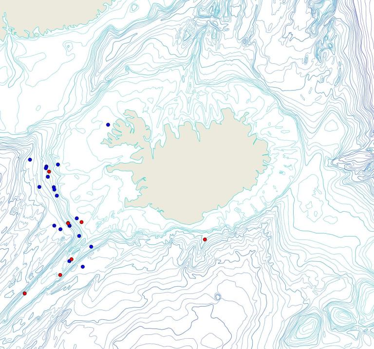 Útbreiðsla /distribution <em>Pheronema carpenteri</em>. (Bioice samples red dots; MFRI samples blue dots)