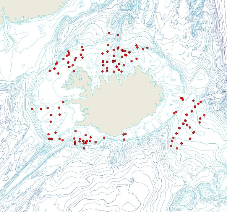 Útbreiðsla Dendrobeania decorata(Bioice samples, red dots)