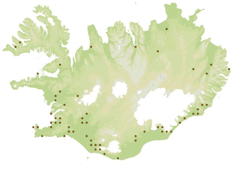 Haustfeti (Operophtera brumata) - fundarstaðir samkvæmt eintökum í safni Náttúrufræðistofnunar Íslands