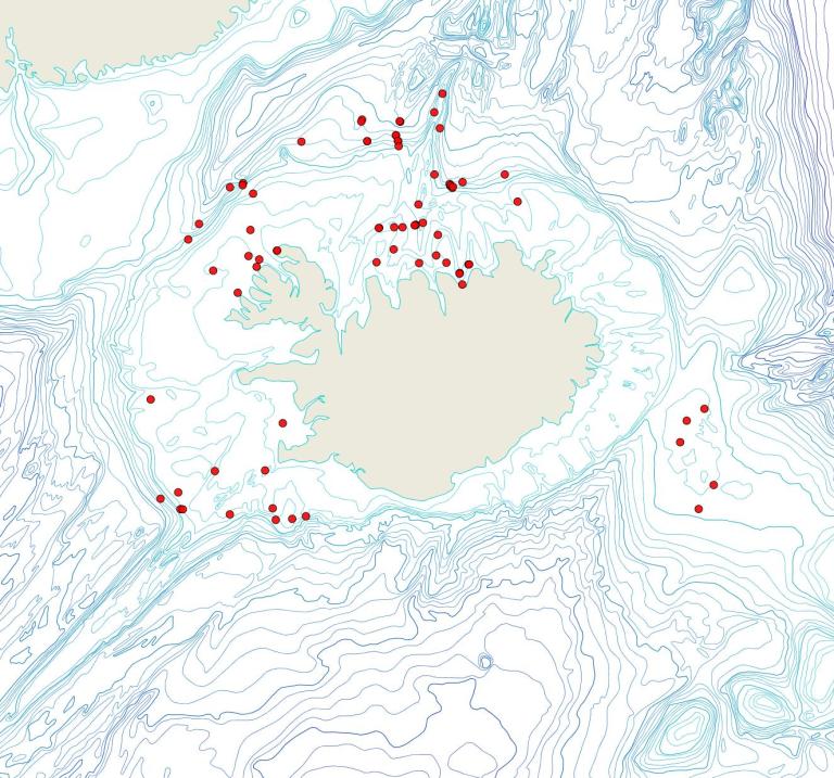 Útbreiðsla Patinella verrucaria(Bioice samples, red dots)