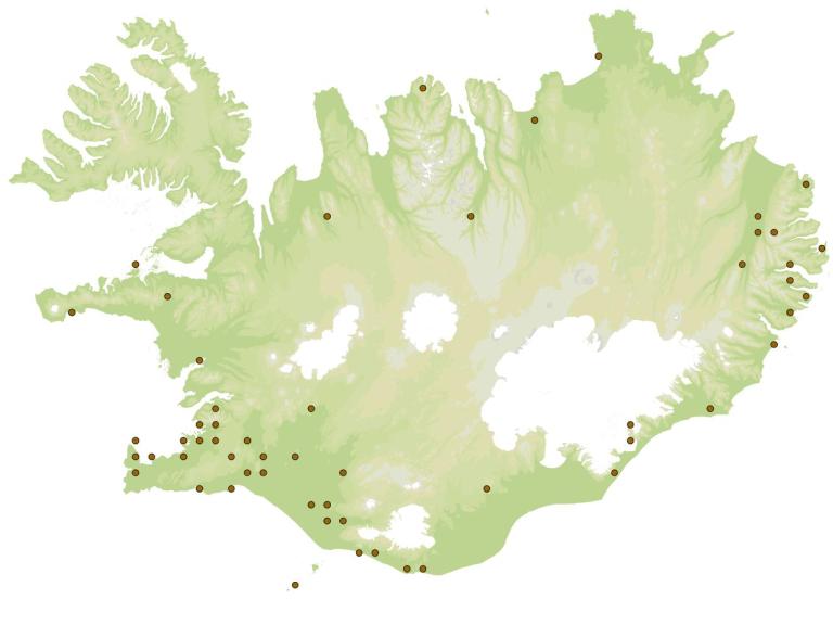 Gullglyrna (Chrysoperla carnea) - fundarstaðir samkvæmt eintökum í safni Náttúrufræðistofnunar Íslands