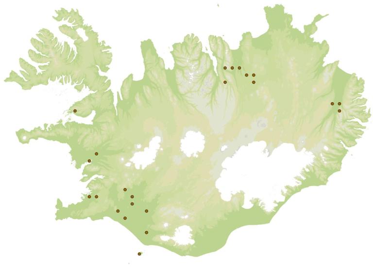 Randakönguló (Tetragnatha extensa) - fundarstaðir samkvæmt eintökum í safni Náttúrufræðistofnunar Íslands