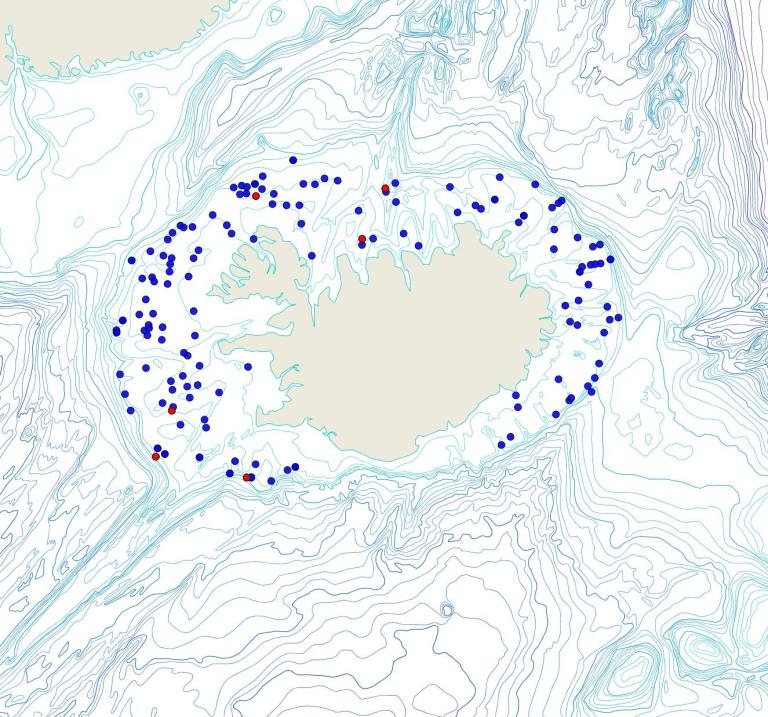 Útbreiðsla /distribution <em>Phakellia robusta</em>. (Bioice samples red dots; MFRI samples blue dots)