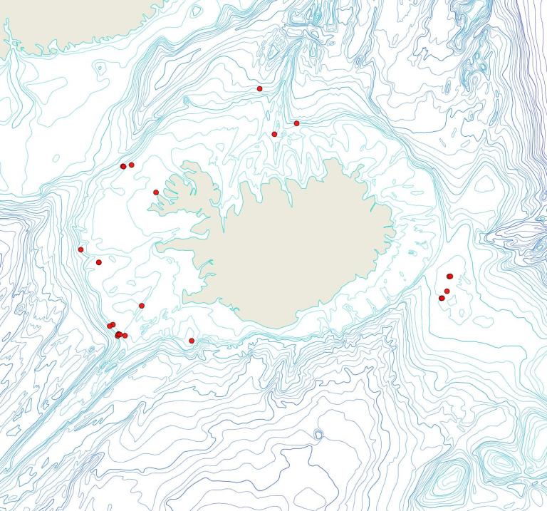 Útbreiðsla Escharella octodentata(Bioice samples, red dots)