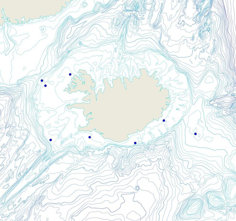 Útbreiðsla /distribution <em>Suberites carnosus</em>. (Bioice samples red dots; MFRI samples blue dots)