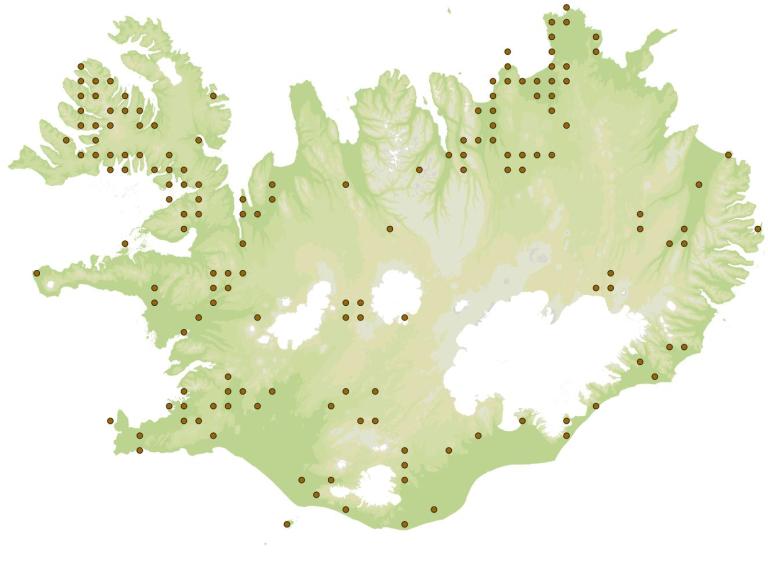 Klettafeti (Entephria caesiata) - fundarstaðir samkvæmt eintökum í safni Náttúrufræðistofnunar Íslands