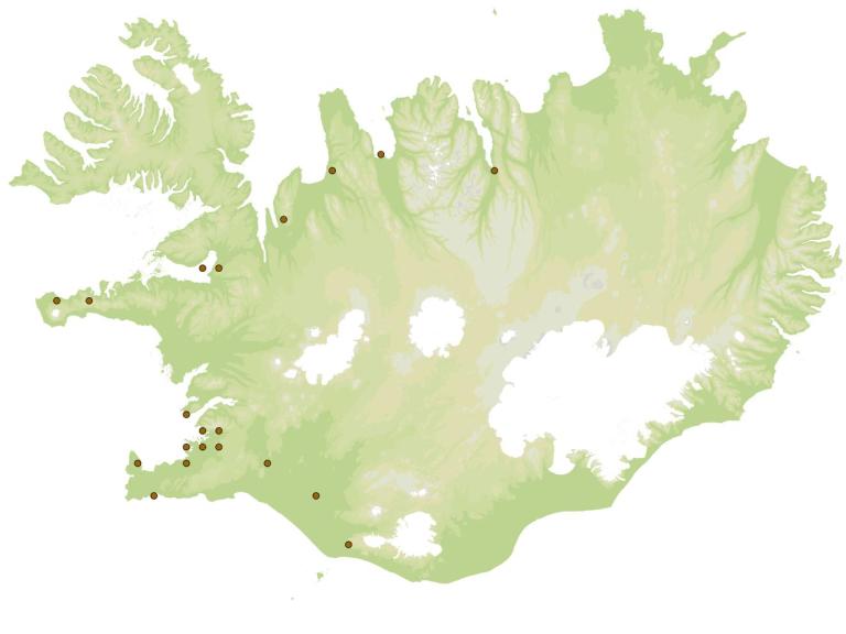 Garðaklaufhali (Forficula auricularia) - fundarstaðir samkvæmt eintökum í safni Náttúrufræðistofnunar Íslands