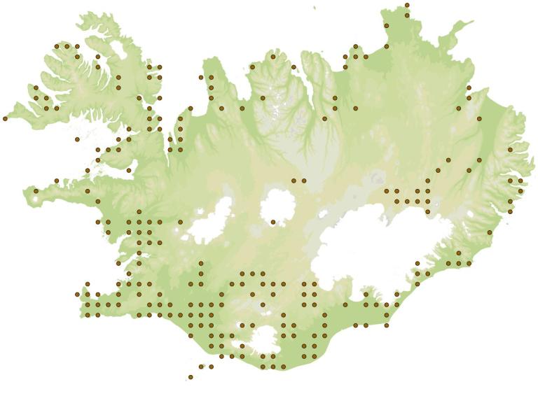 Járnsmiður (Nebria rufescens) - fundarstaðir samkvæmt eintökum í safni Náttúrufræðistofnunar Íslands Járnsmiður (Nebria rufescens) - fundarstaðir samkvæmt eintökum í safni Náttúrufræðistofnunar Íslands