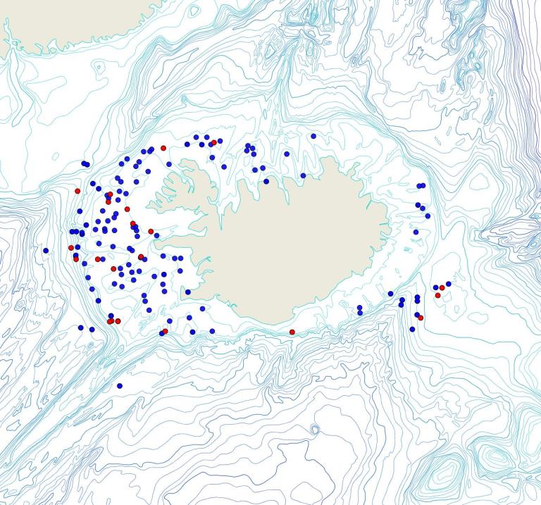 Útbreiðsla /distribution <em>Antho (Antho) dichotoma</em>. (Bioice samples red dots; MFRI samples blue dots)