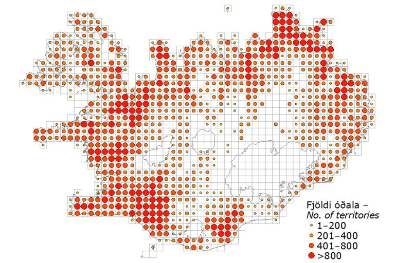 Heiðlóa: útbreiðsla og reiknaður fjöldi óðala