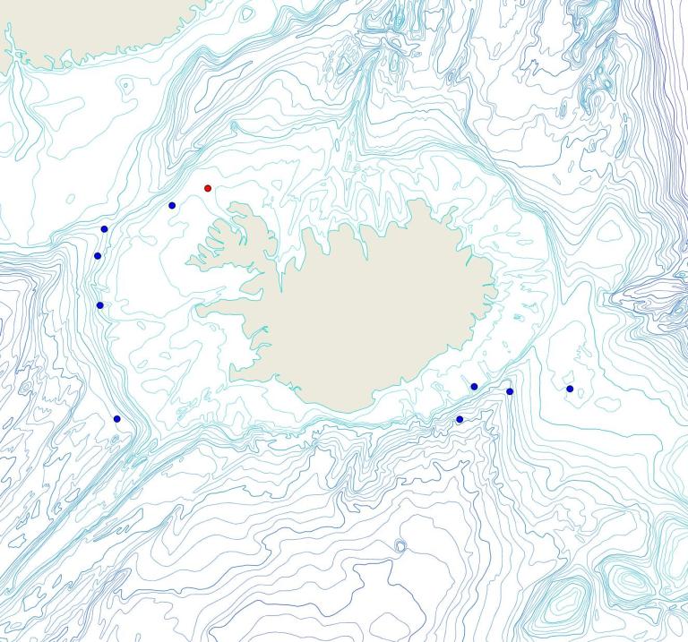 Útbreiðsla /distribution <em>Biemna variantia</em>. (Bioice samples red dots; MFRI samples blue dots)