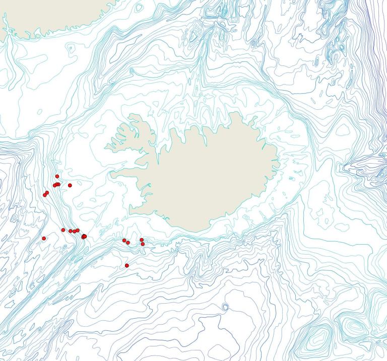 Útbreiðsla Escharina boreale(Bioice samples, red dots)
