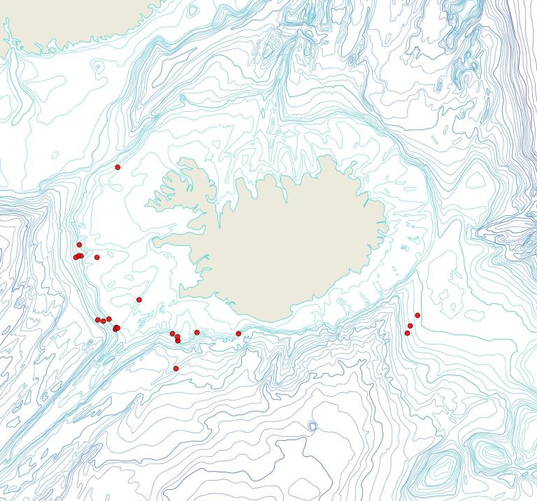 Útbreiðsla Palmiskenea faroensis(Bioice samples, red dots)