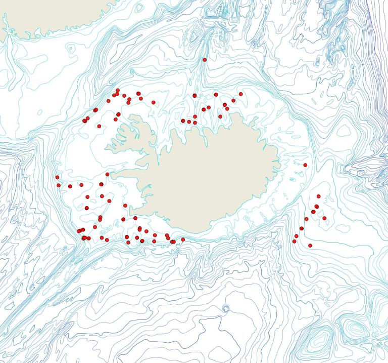 Útbreiðsla Reteporella beaniana(Bioice samples, red dots)