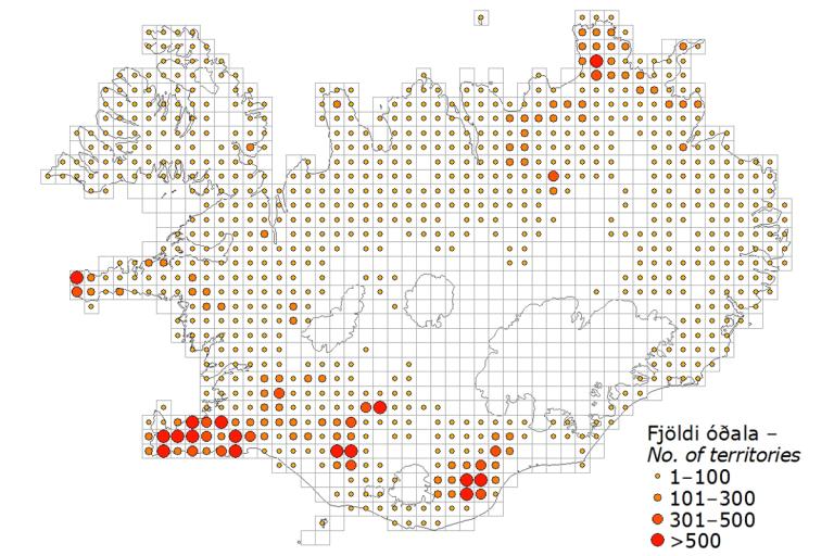 Steindepill: útbreiðsla og reiknaður fjöldi óðala í hverjum 10×10 km reit