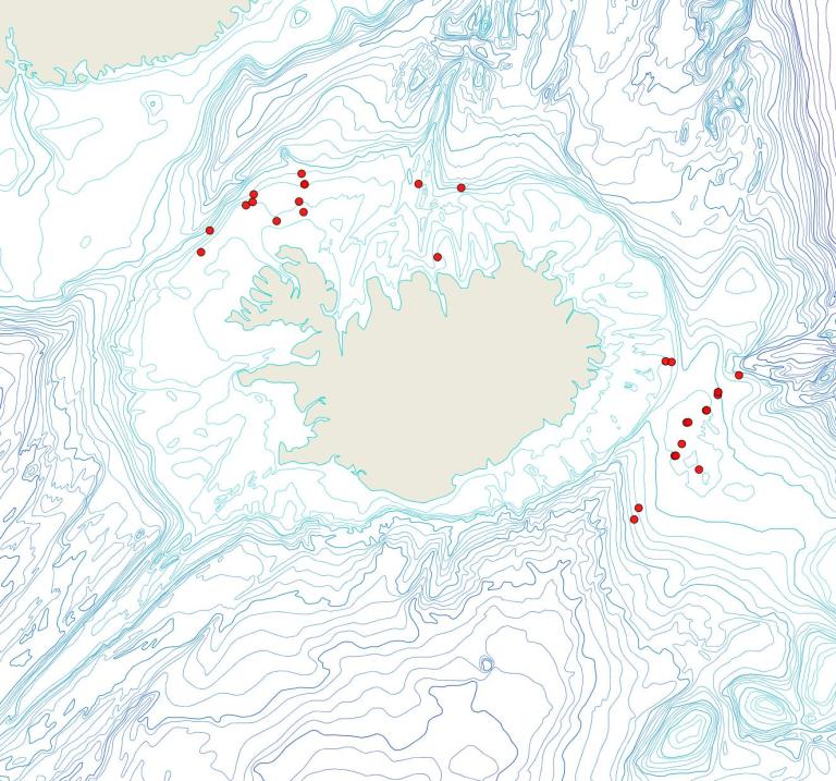 Útbreiðsla Palmiskenea plana(Bioice samples, red dots)