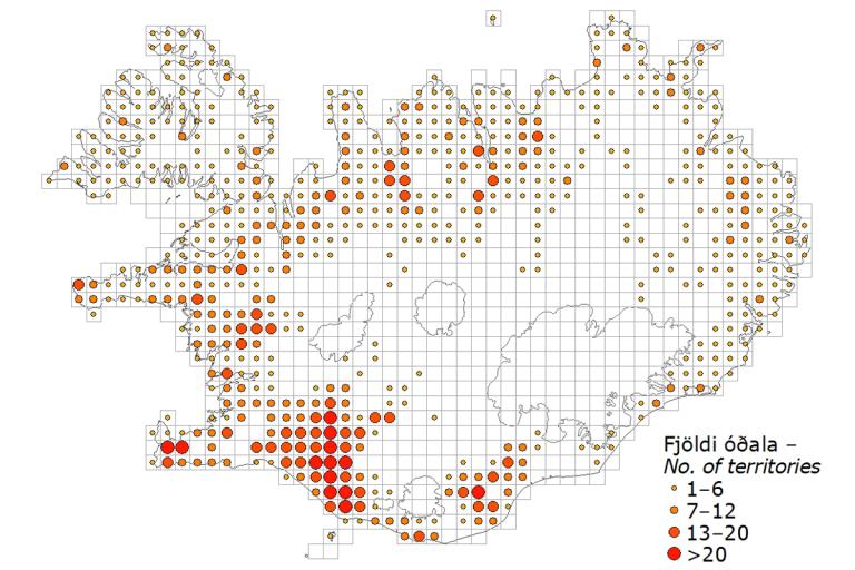 Maríuerla: útbreiðsla og reiknaður fjöldi óðala í hverjum 10×10 km reit
