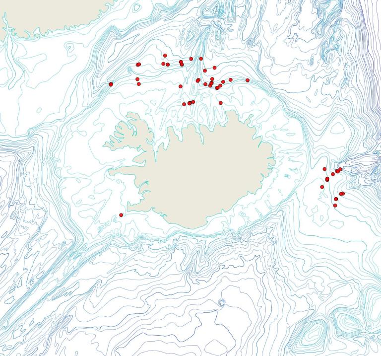 Útbreiðsla Pseudoflustra sinuosa(Bioice samples, red dots)