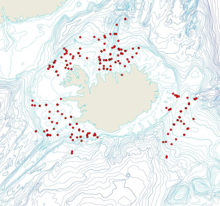 Útbreiðsla Hornera lichenoides(Bioice samples, red dots)