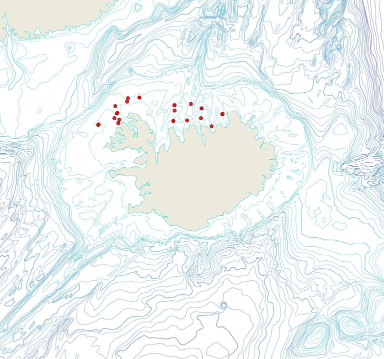 Útbreiðsla Arctonula arctica(Bioice samples, red dots)