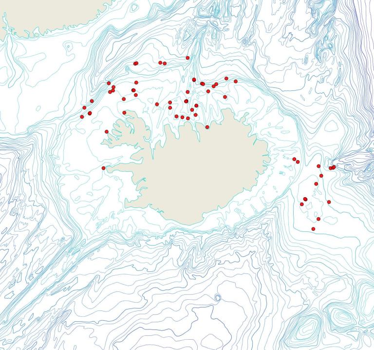 Útbreiðsla Cribrilina watersi(Bioice samples, red dots)