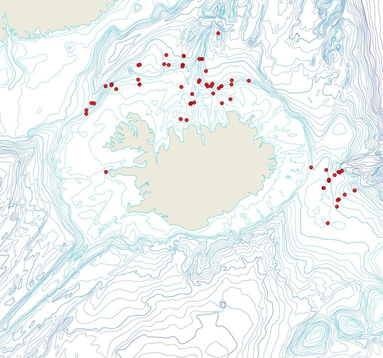 Útbreiðsla Pseudoflustra hincksi(Bioice samples, red dots)