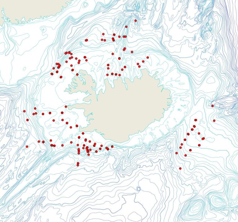 Útbreiðsla Tessaradoma boreale(Bioice samples, red dots)
